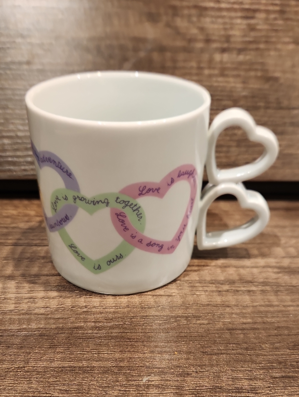 EUC Vtg. Avon White Ceramic Mug with Pink Lavender and Light Green Heart Motif